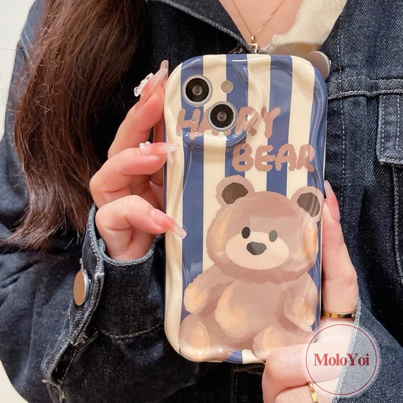 IPHONE Soft Tpu Airbag Glossy Shockproof Case Kompatibel Untuk Iphone14 13 12 Pro Max 11 Pro Max 7Plus XR 6s 6 7 8 Plus X XS Max SE 2020 3D Wavy Curved Edge Lucu Kartun Beruang Stripe Cover