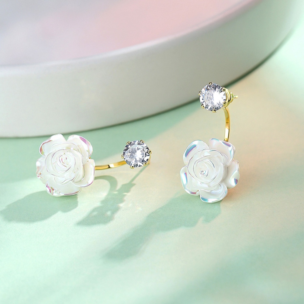 Deartiara Vintage Elegan Anting Mawar Putih Perancis Kecil Harum Camelia Berkilau Anting Berlian Satu Pasang