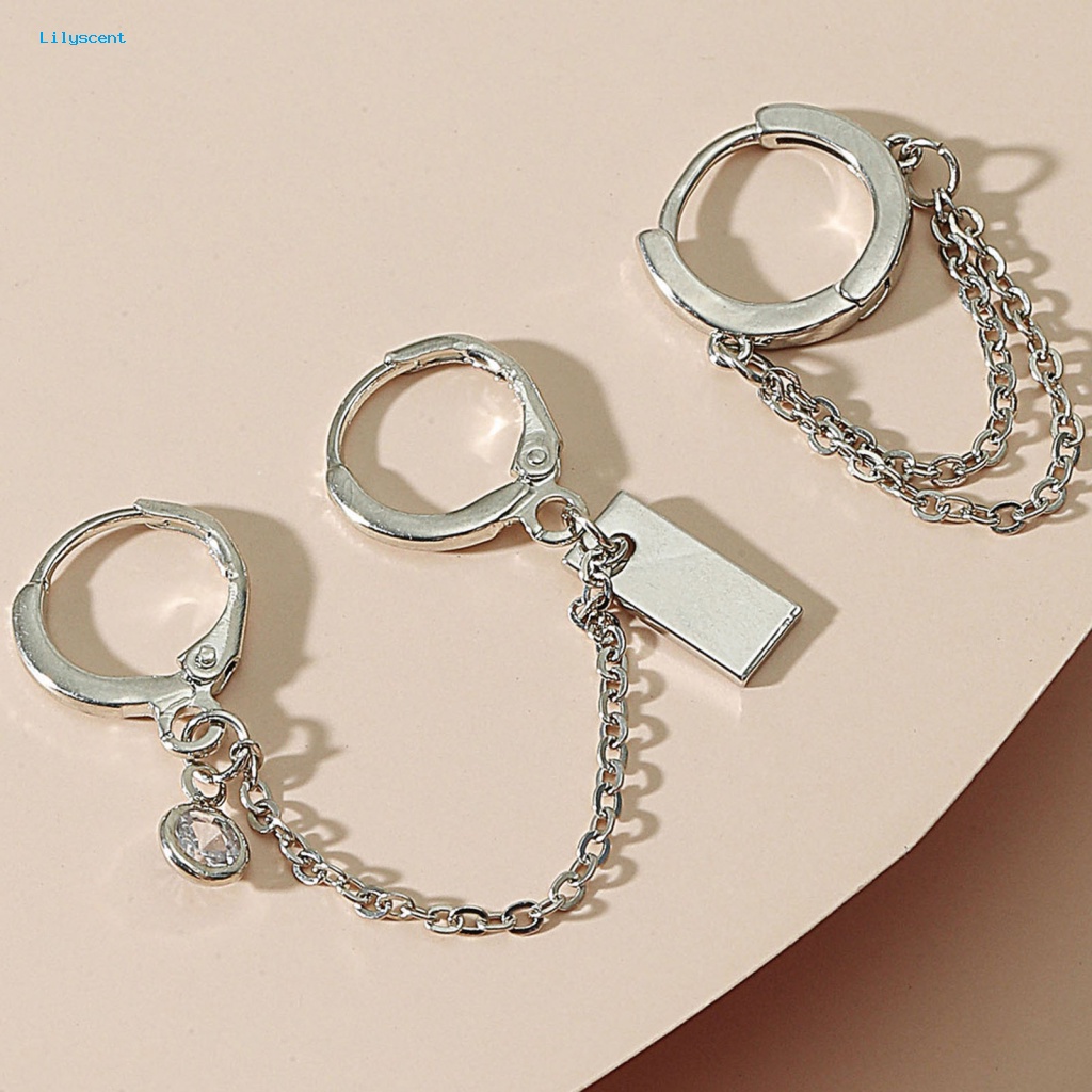 Lilyscent 2Pcs/Set Anting Hoop Bahan Alloy Untuk Kehidupan Sehari-Hari Tindik Lingkaran Wanita Klip Telinga Asimetris