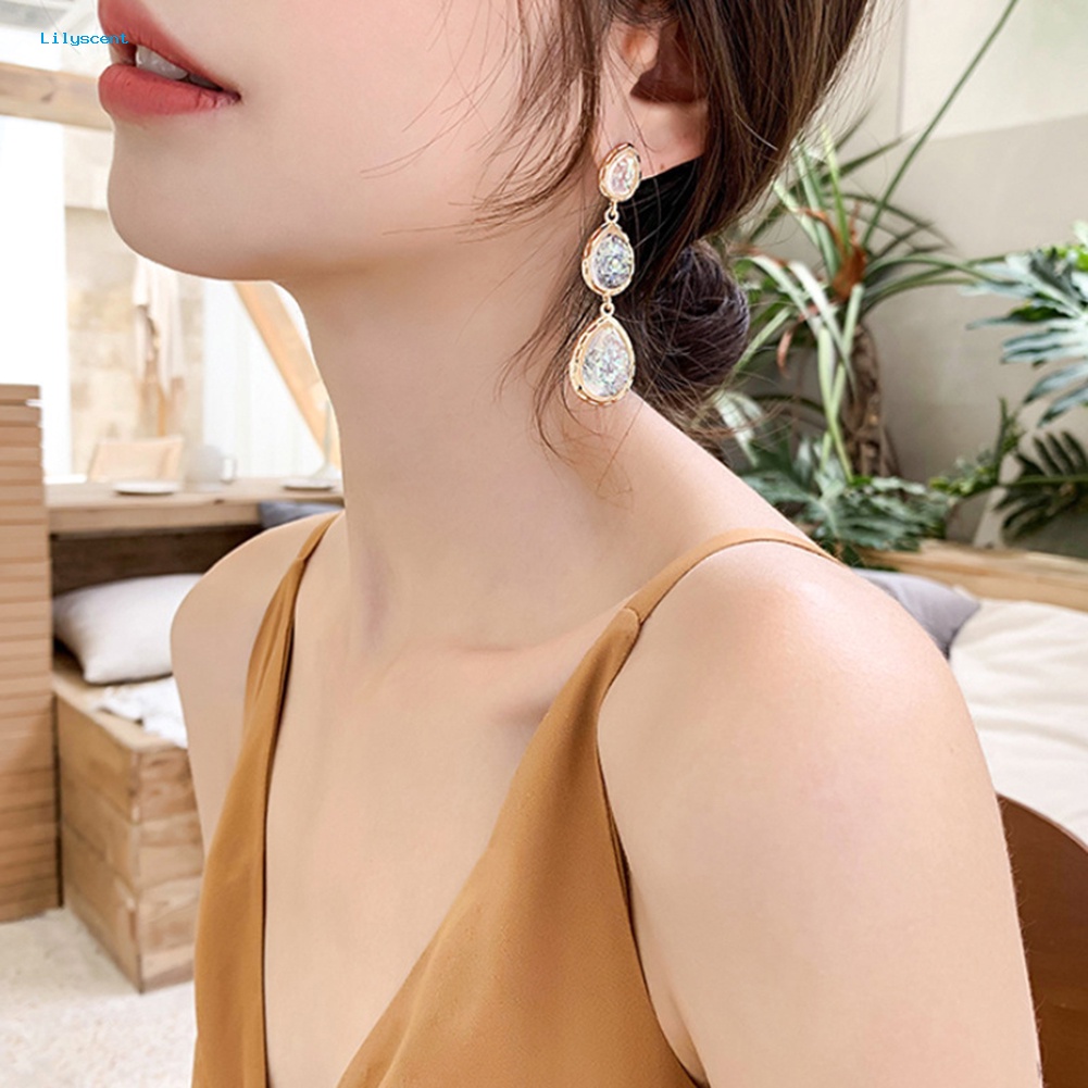 Lilyscent Fashion Wanita Tetesan Air Permata Imitasi Telinga Stud Menjuntai Anting Panjang Perhiasan Hadiah