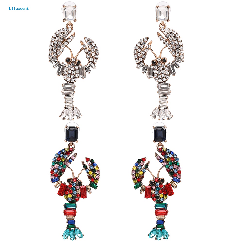 Lilyscent Kreatif Wanita Bling Berlian Imitasi Hias Lobster Pendant Statement Stud Earrings