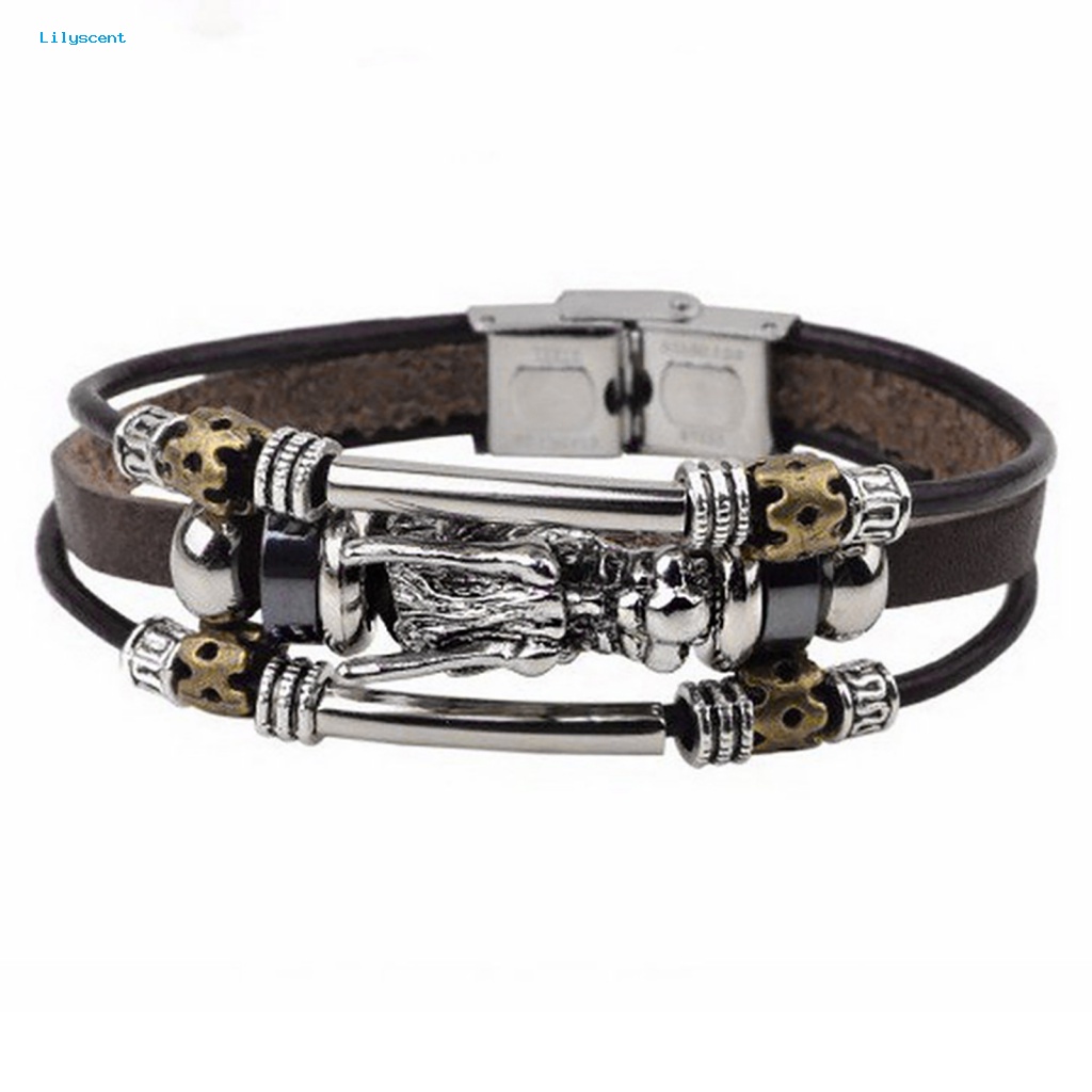 Lilyscent Pria Vintage Punk Gelang Kulit Imitasi Kepala Naga Pesona Multilayer Bangle