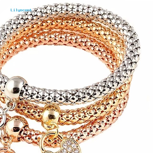 Lilyscent 3Pcs Fashion Wanita Berlian Imitasi Cinta Hati Liontin Elastis Gelang Bangles