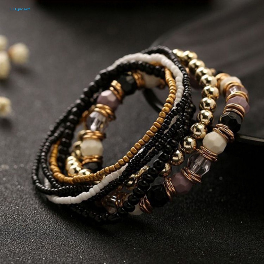 Lilyscent 7Pcs/Set Multicolor Bangle Untuk Pacaran Wanita Boho Gelang Manik-Manik Elastis Bohemian