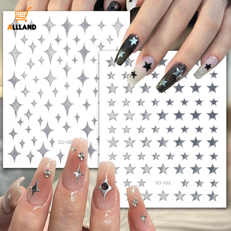 1lembar Silver Star Nail Art Stiker/Self Adhesive Slider Polish Nail Decal/DIY Sparkling Lima-pointed Manicure Patch Makeup Tools