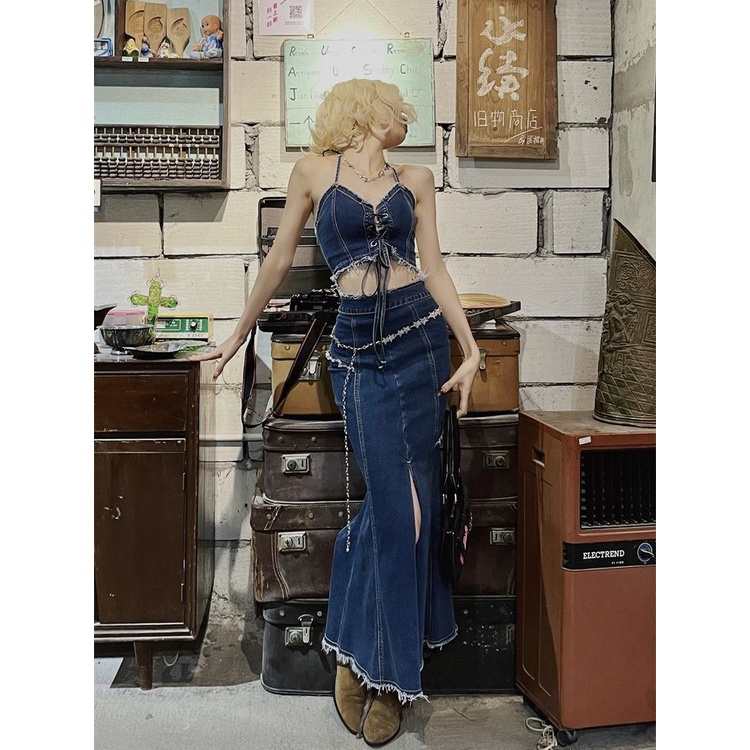 Setelan denim Amerika yang keren dan keren untuk wanita rompi halter bertali vintage rok fishtail te