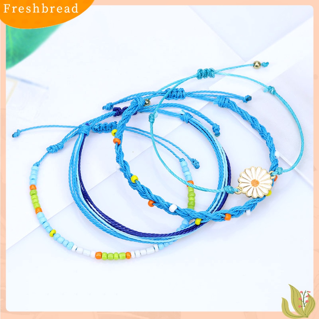 &lt; Freshbread &gt; 4Pcs Wanita Gelang Gaya Bohemian Paduan Tahan Air Tenun Tangan Gelang Braided Bangle Dengan Liontin Set Hadiah Ulang Tahun