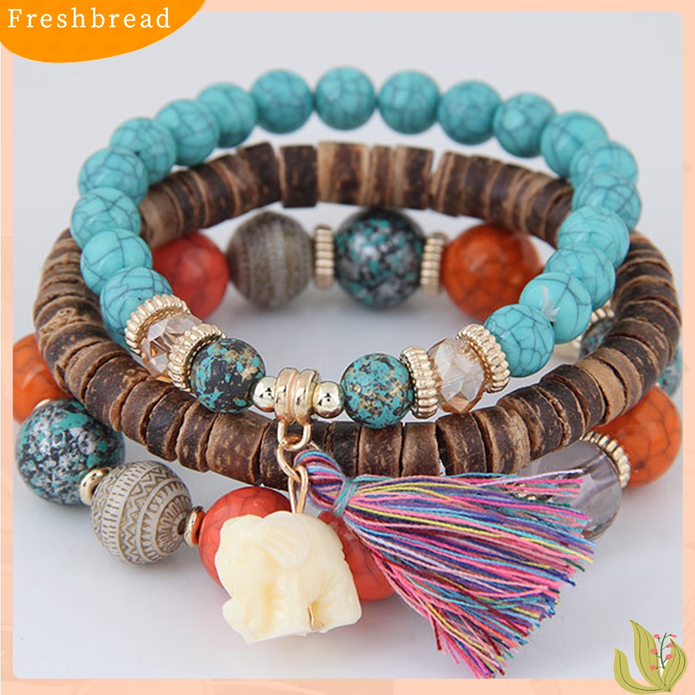 &lt; Freshbread &gt; 3Pcs/Set Bohemian Wanita Gajah Rumbai Pesona Ceko Batu Manik-Manik Gelang Hadiah