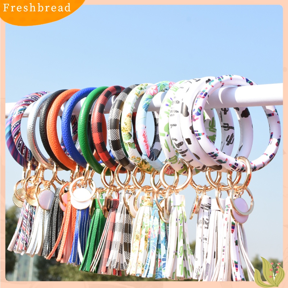 &lt; Freshbread &gt; Fashion Wanita Enamel Bulat Rumbai Liontin Gelang Bangle Gantungan Kunci Tali Pergelangan Tangan