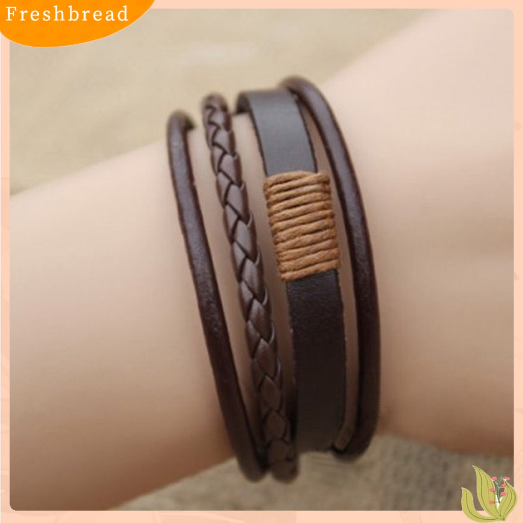 &lt; Freshbread &gt; Gelang Simple Adjustable Unisex Multi-layer Braided Faux Leather Bangle Untuk Belanja