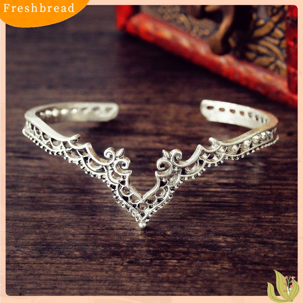 &lt; Freshbread &gt; Vintage Wanita Ukir Berongga Mahkota Pembukaan Gelang Bangle Adjustable Perhiasan