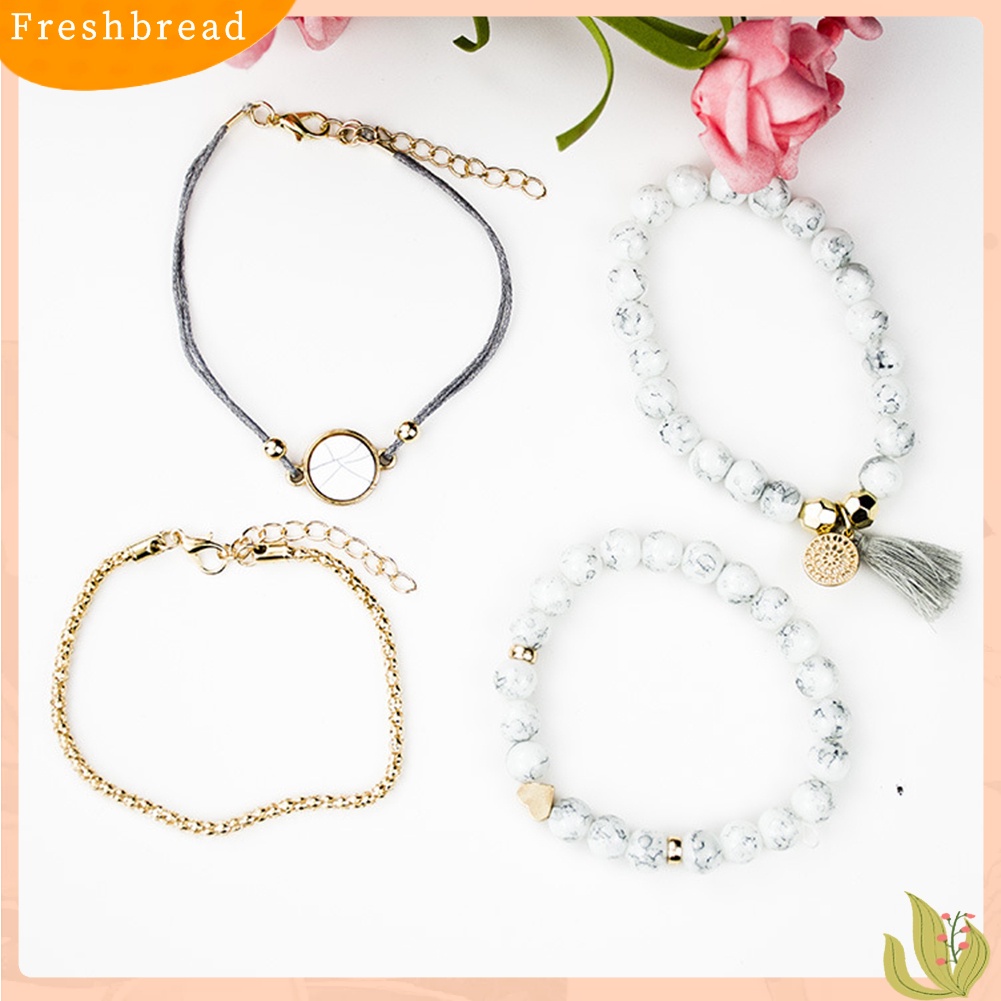 &lt; Freshbread &gt; 4Pcs Wanita Manik-Manik Pirus Imitasi Rumbai Pesona Gelang Bangle Set Perhiasan Hadiah