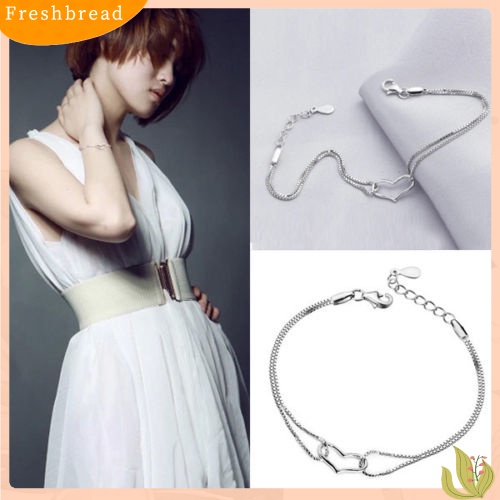 &lt; Freshbread &gt; Fashion Wanita Cinta Hati Liontin Berlapis Perak Double-Layer Chains Bracelet