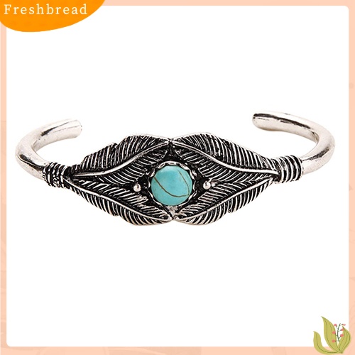 &lt; Freshbread &gt; Retro Wanita Manik Daun Bulu Alloy Ujung Terbuka Manset Bangle Boho Perhiasan Etnik