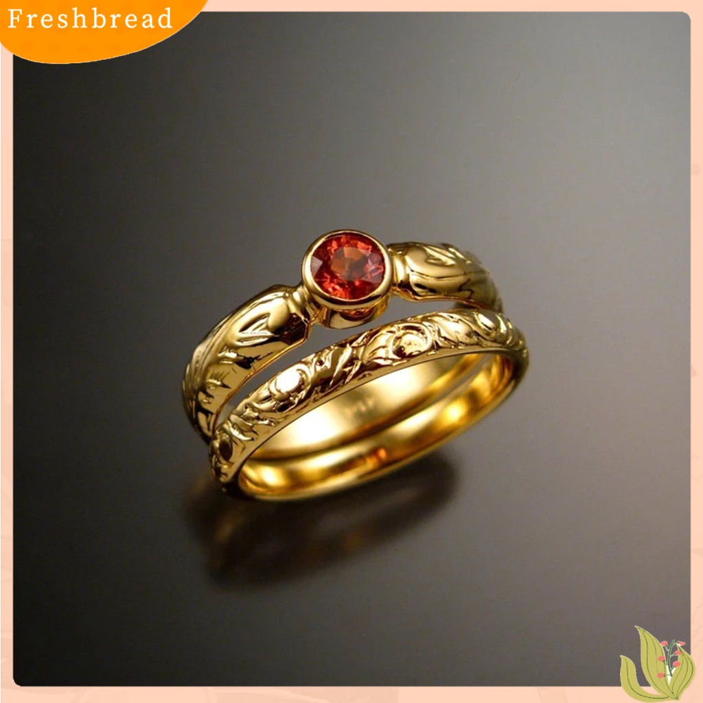 &lt; Freshbread &gt; 2Pcs Cincin Jari Ukiran Permata Imitasi Merah Ladies Geometric Rhinestone Rings Untuk Pernikahan