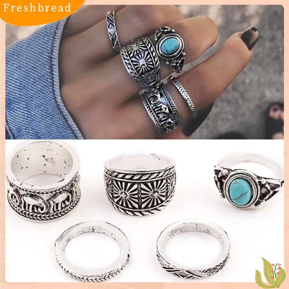 &lt; Freshbread &gt; 5Pcs/Set Wanita Gajah Turquoise Knuckle Ring Ukir Vintage Stacking Rings