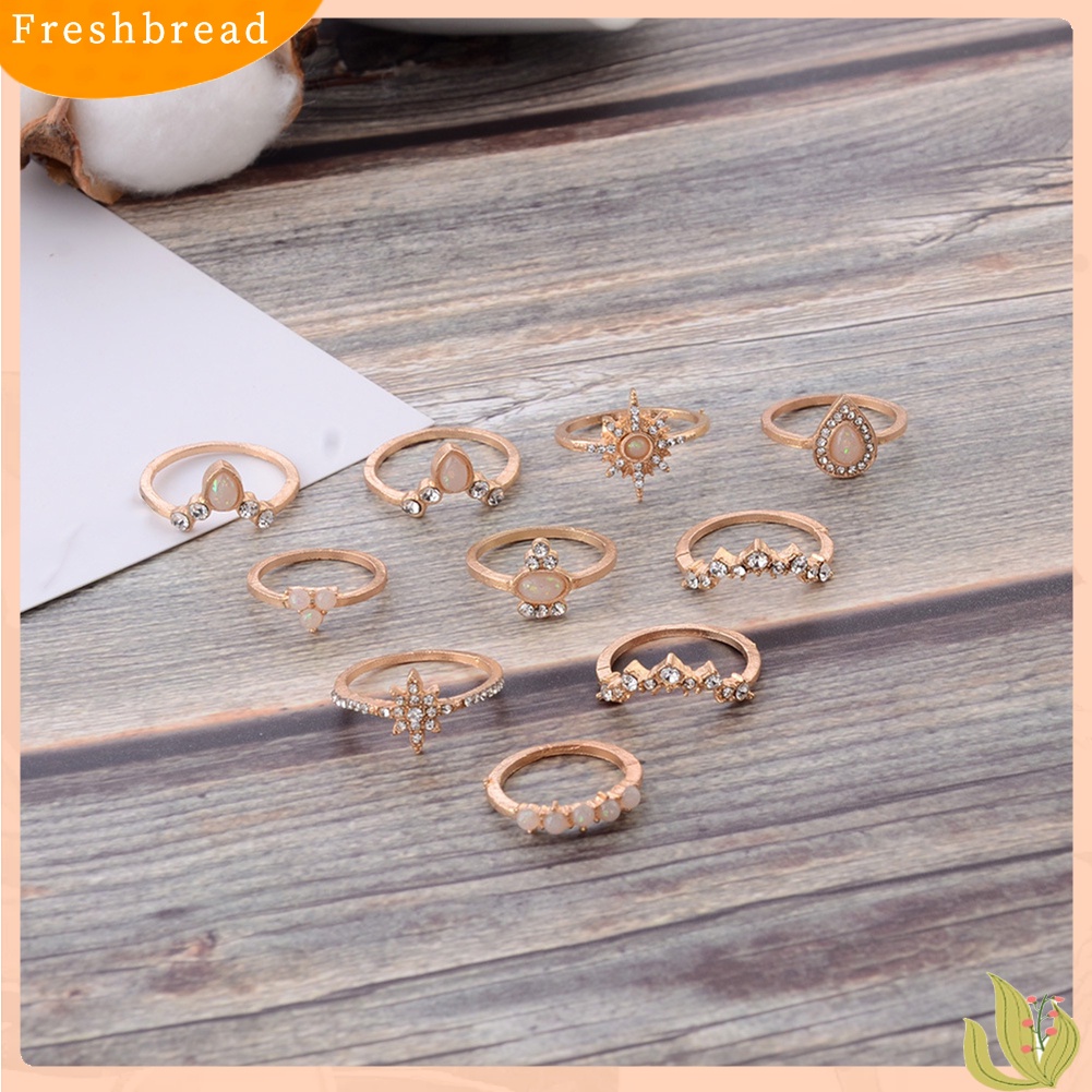 &lt; Freshbread &gt; 10Pcs/Set Wanita Tetesan Air Mahkota Berlian Imitasi Susun Midi Knuckle Finger Rings