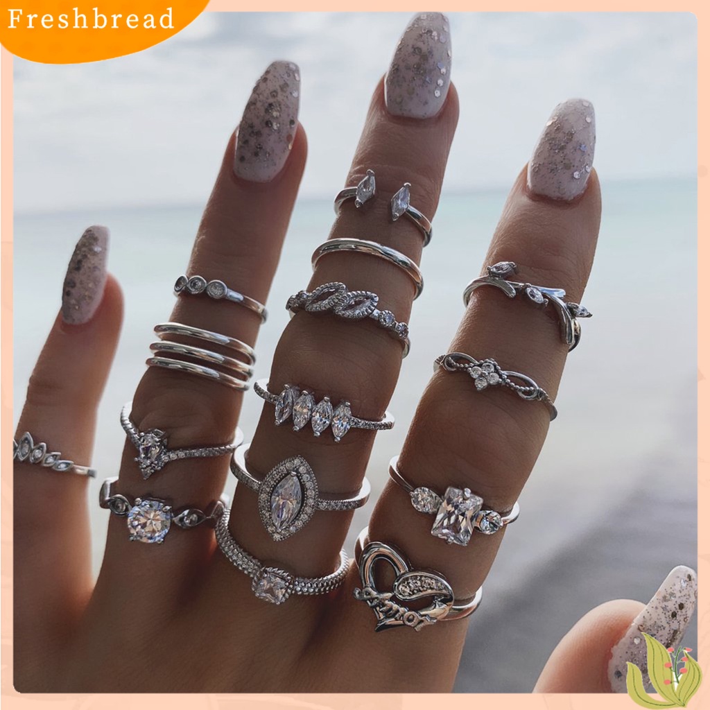 &lt; Freshbread &gt; 15Pcs Cincin Jari Trendi Pengerjaan Halus Semua Pertandingan Warna Perak Berongga Keluar Wanita Ring Untuk Pergi Jalan