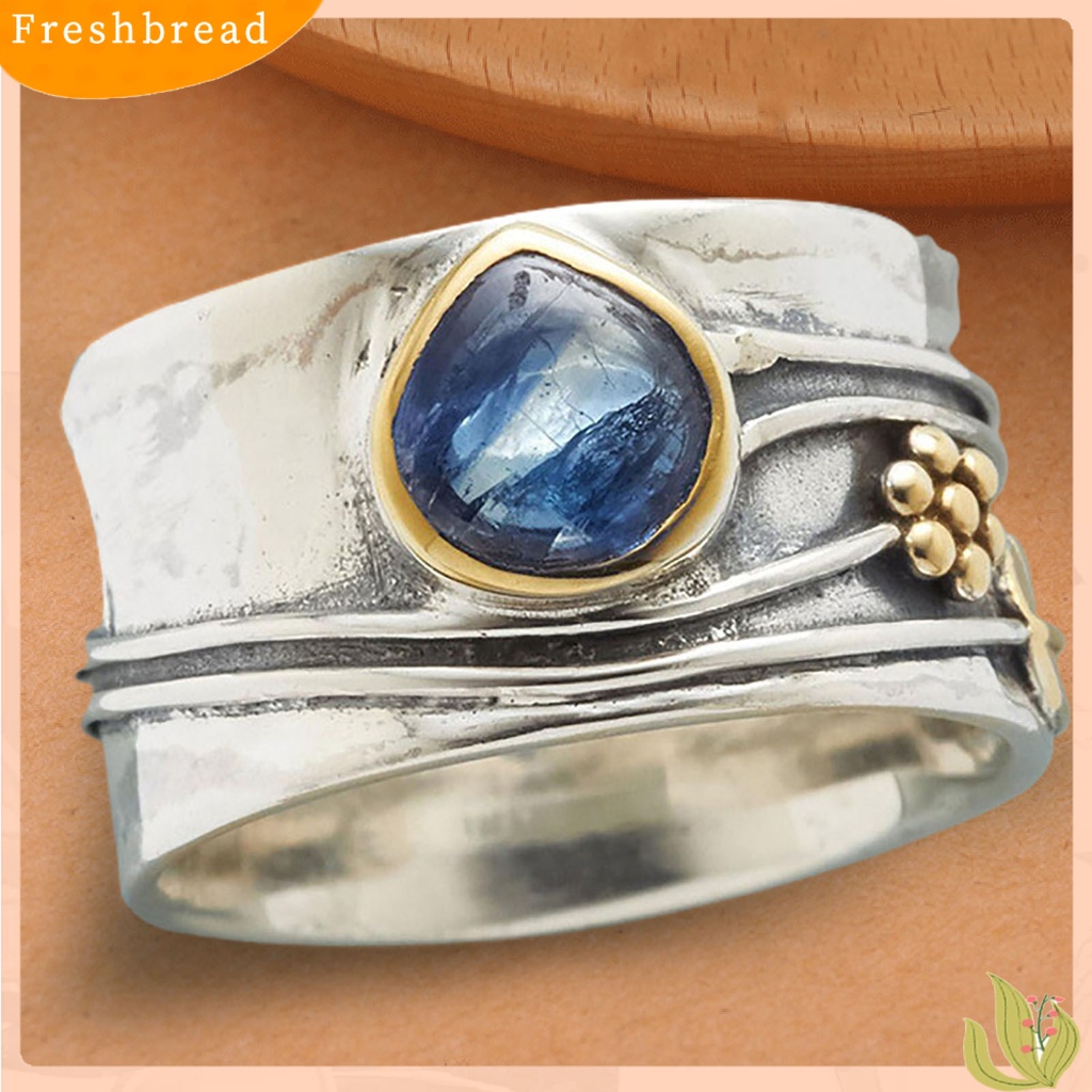 &lt; Freshbread &gt; Cincin Vintage Two-tone Pernyataan Sederhana Biru Permata Imitasi Daun Bunga Jari Cincin Perhiasan Aksesoris