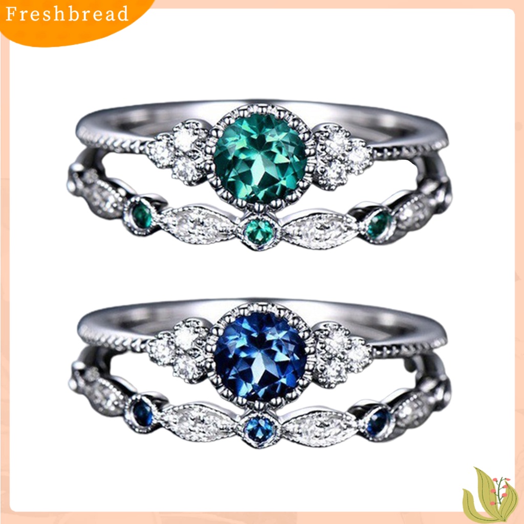 &lt; Freshbread &gt; 2 Pcs Cincin Tunangan Geometris Hijau Cubic Zirconia Wanita Berkilau Indah Jari Cincin Aksesoris Perhiasan