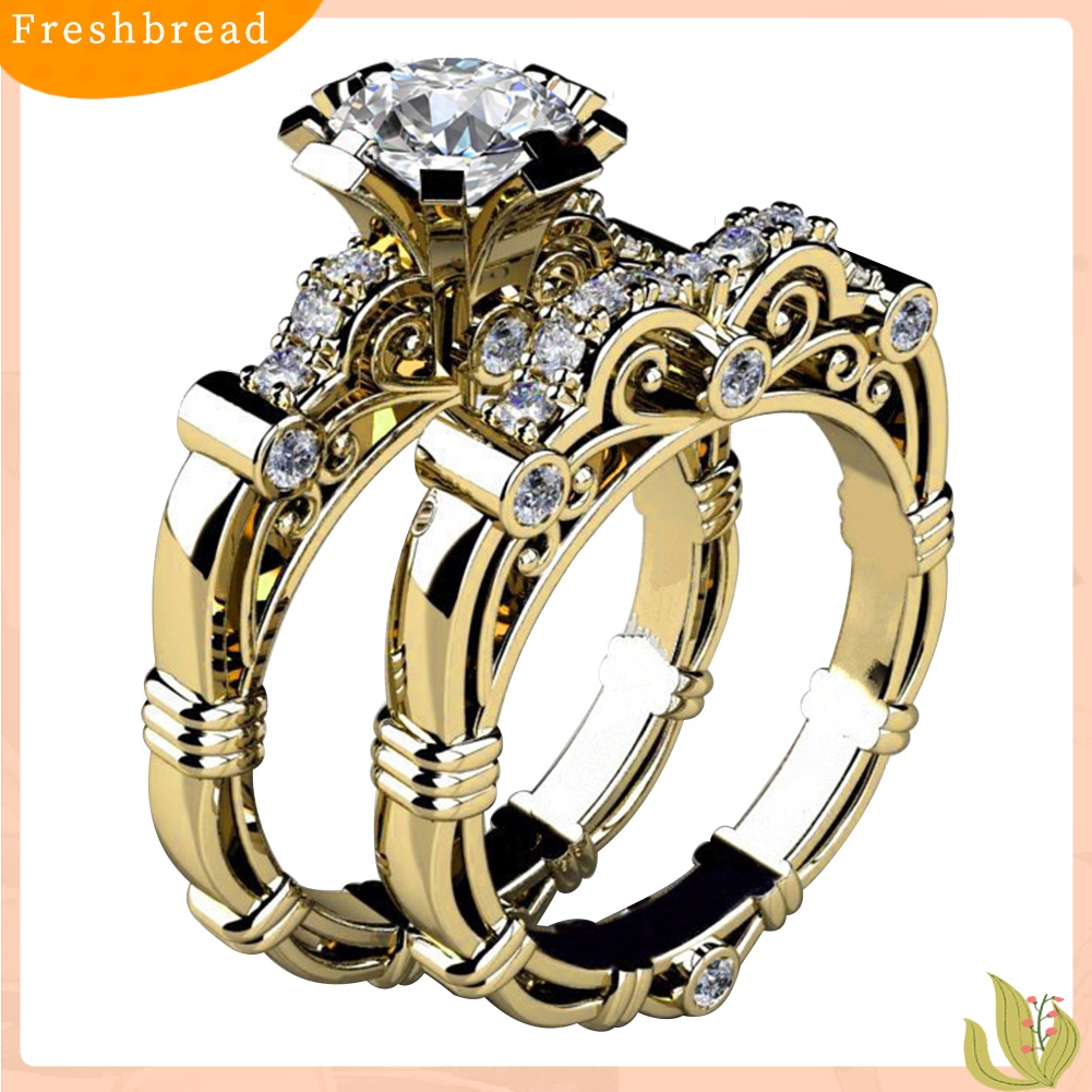 &lt; Freshbread &gt; 2Pcs/Set Pertunangan Pernikahan Retro Wanita Berlian Imitasi Ukir Jari Cincin Perhiasan