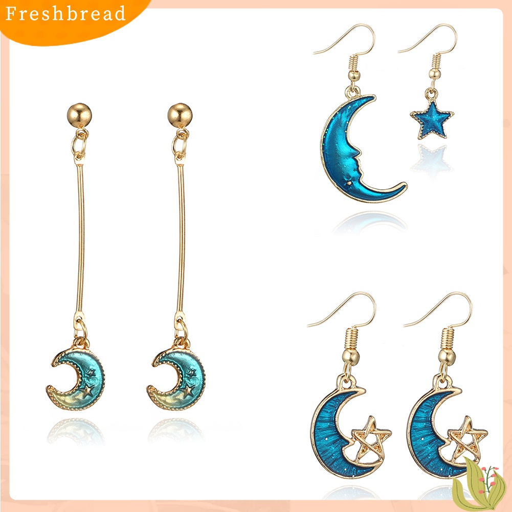 &lt; Freshbread &gt; Biru Matahari Bulan Bintang Rumbai Menjuntai Kait Telinga Wanita Fashion Anting Perhiasan Hadiah