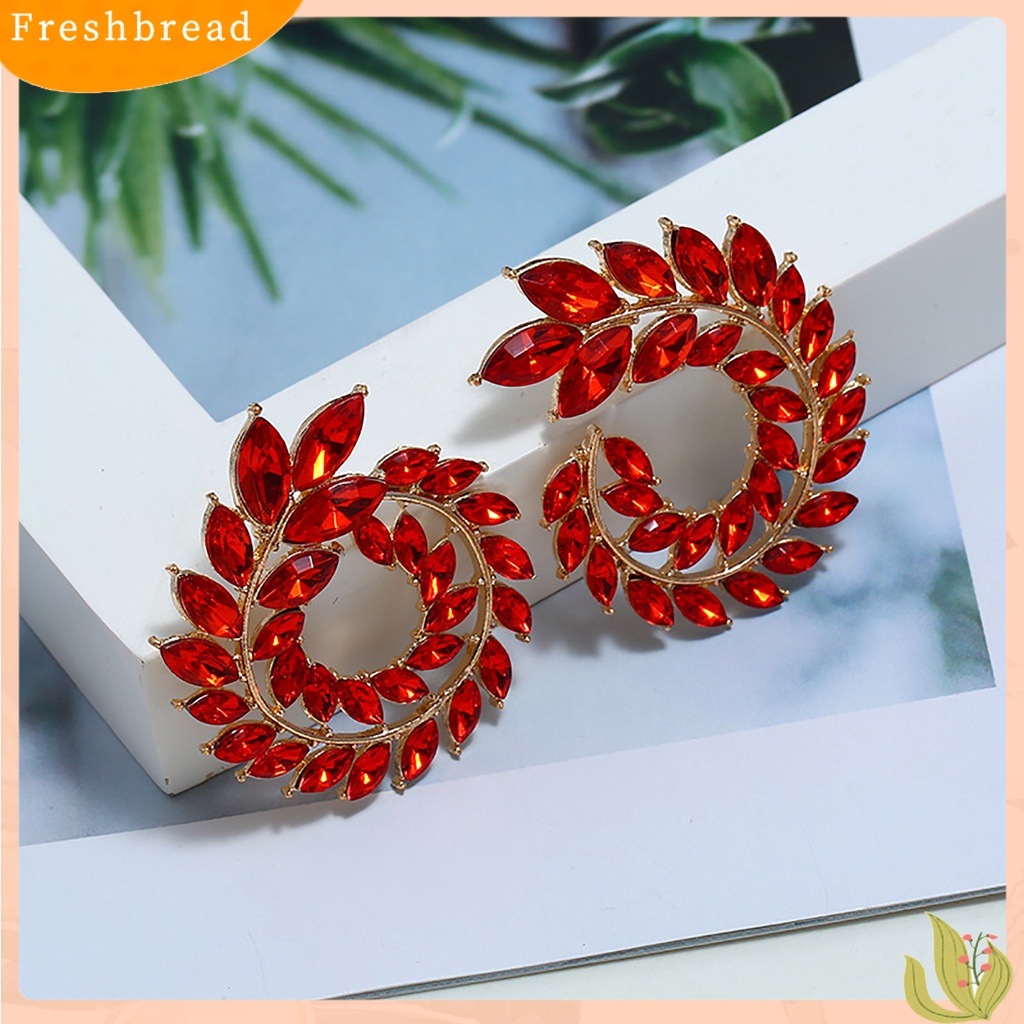 &lt; Freshbread &gt; 1pasang Cubic Zirconia Wanita Anting Daun Bentuk Cabang Alloy Geometris Bulat Stud Earrings Perhiasan Aksesori