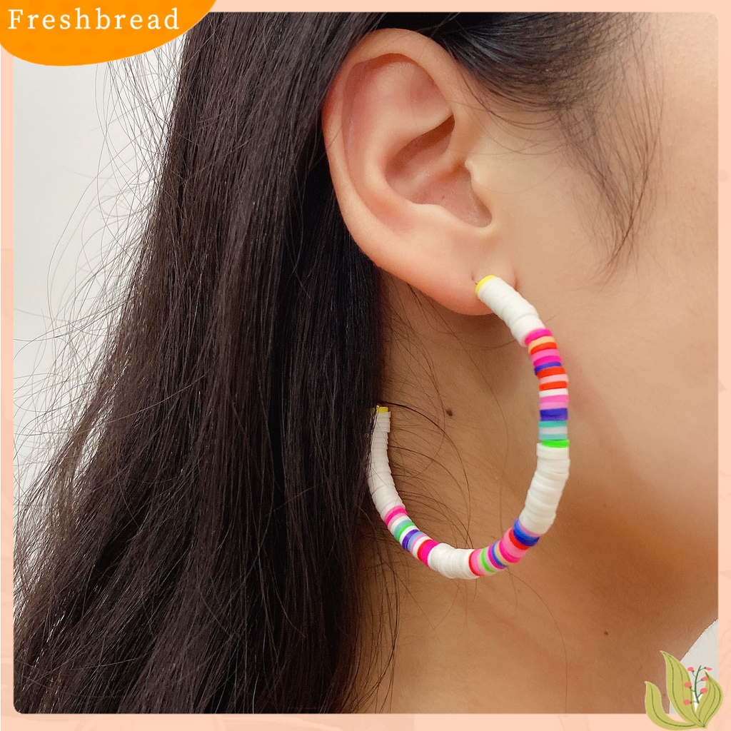 &lt; Freshbread &gt; 1pasang All-match Wanita Warna Pelangi Polymer Clay Bohemian Hoop Stud Earring Untuk Outdoor