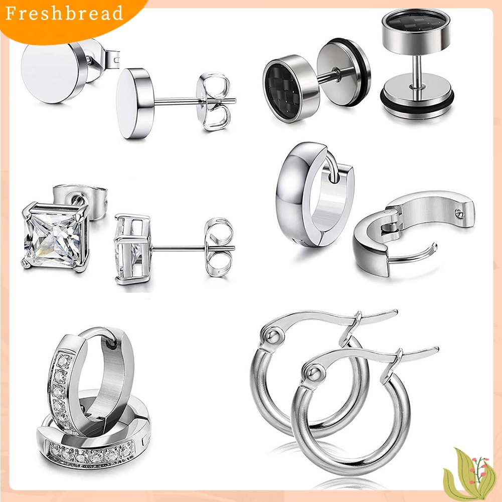 &lt; Freshbread &gt; 6pasang Perhiasan Anting Huggie Stud Hias Berlian Imitasi Stainless Steel Unisex