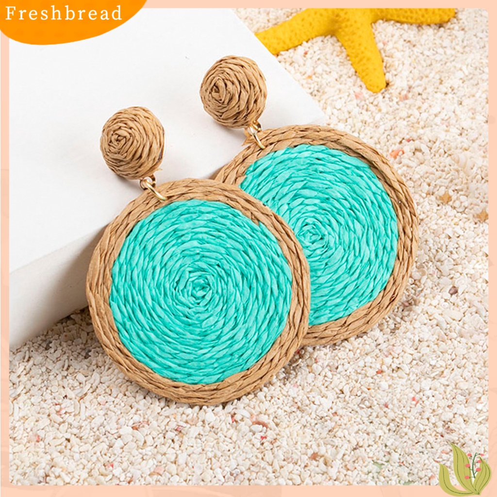 &lt; Freshbread &gt; 1pasang Anting Menjuntai Anyaman Rotan Warna Cerah Bulat Wanita Drop Earrings Aksesoris Perhiasan Untuk Liburan