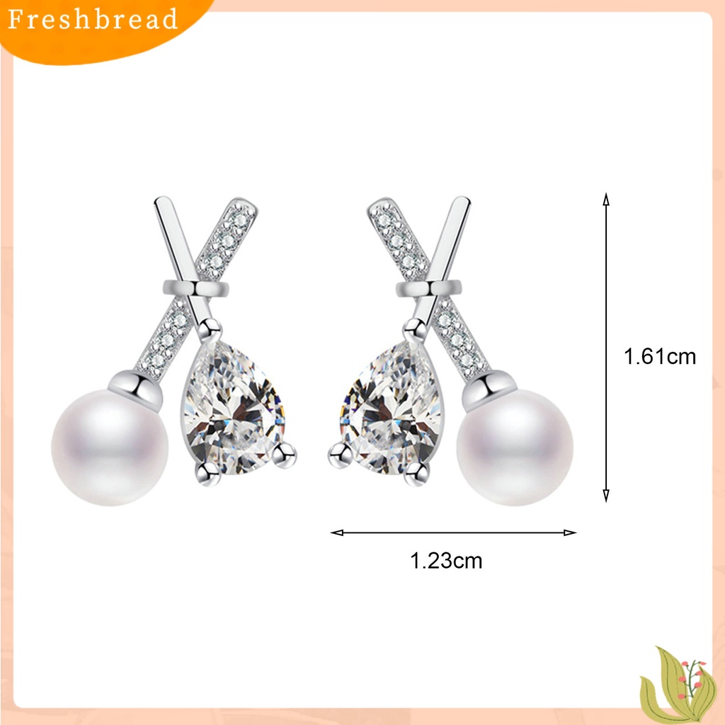 &lt; Freshbread &gt; 1pasang Ear Studs X Shaped Shining French Style Rhinestone Hias Dekorasi High Gloss Tidak Teratur Faux Zircon Pearl Women Earrings Untuk Pesta