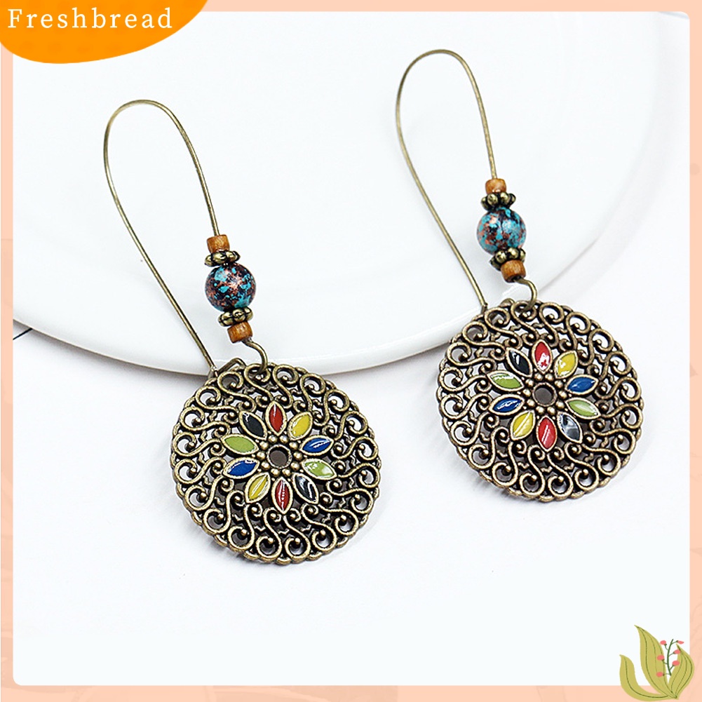 &lt; Freshbread &gt; Vintage Berongga Bulat Liontin Enamel Bunga Menjuntai Panjang Kerawang Anting Ukir