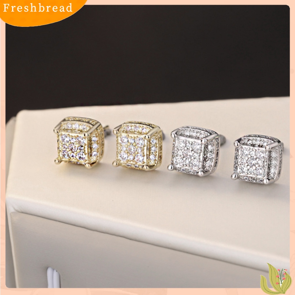 &lt; Freshbread &gt; 1pasang Giwang Telinga Persegi Kepribadian Indah Alloy Cubic Zirconia Hias Piercing Studs Earrings Untuk Kehidupan Sehari-Hari