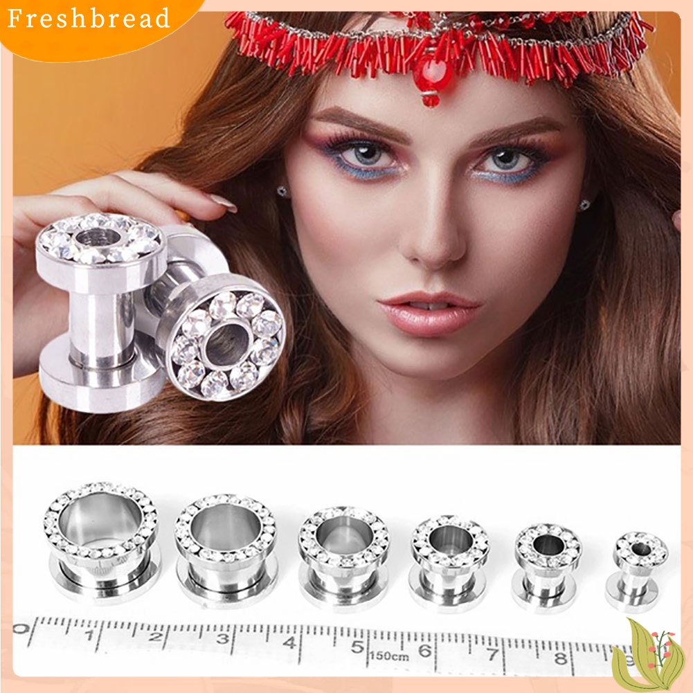 &lt; Freshbread &gt; 1pasang Berlian Imitasi Stainless Piercing Ear Tunnels Plugs Gauges Ear Stretching Kits