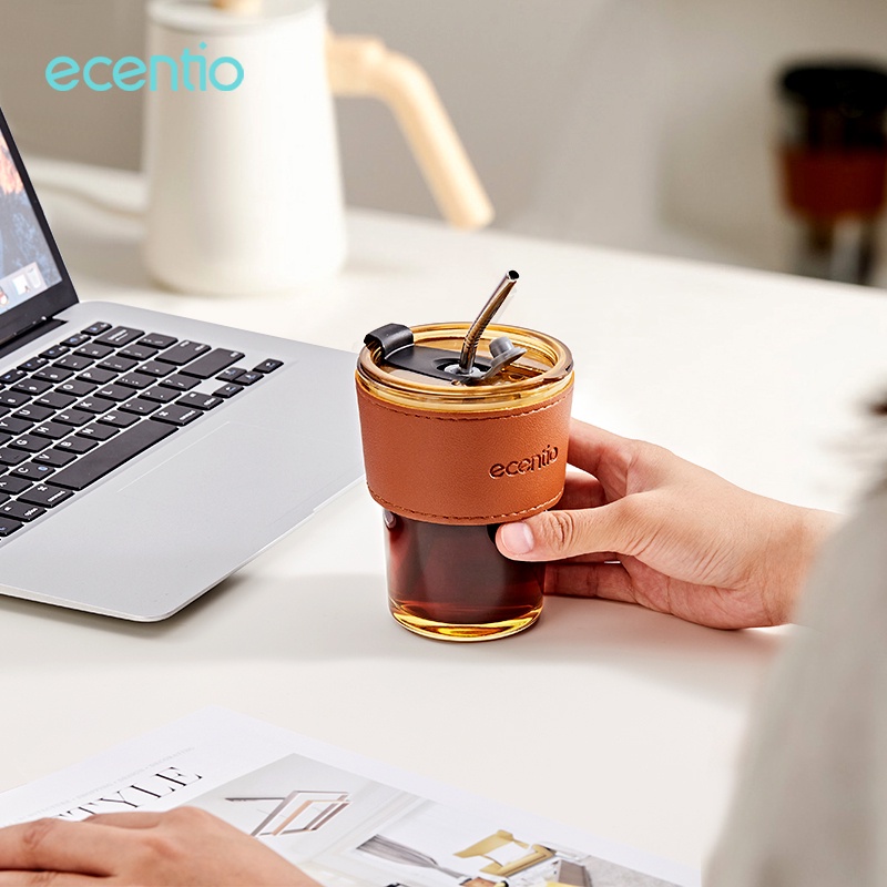 PROMO!!! ecentio Tumbler Kaca 400ml dengan Sedotan dan Tutup Gelas Kopi Tumbler Aesthetic Gelas Kaca simple elegan holder kulit classic Water Bottle Cup for Coffee