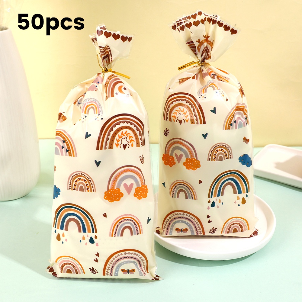 50pcs Pola Bohemian Kekinian Kemasan Tas Dengan Dasi Snack Cookie Candy Bag Rainbow Kantong Plastik Perlengkapan Pesta Dekorasi Meja Ulang Tahun Pernikahan Party Decor