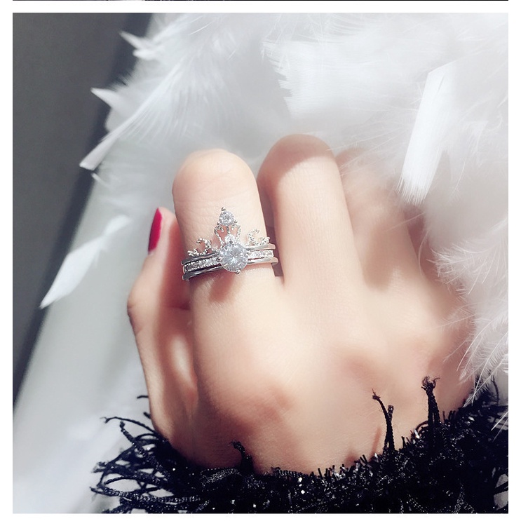 Goldkingdom Aksesoris Perhiasan Fashion Ready Stock Mahkota Two In One Cincin Wanita Cincin Pembukaan Yang Dapat Disesuaikan Berlapis Perak Cincin