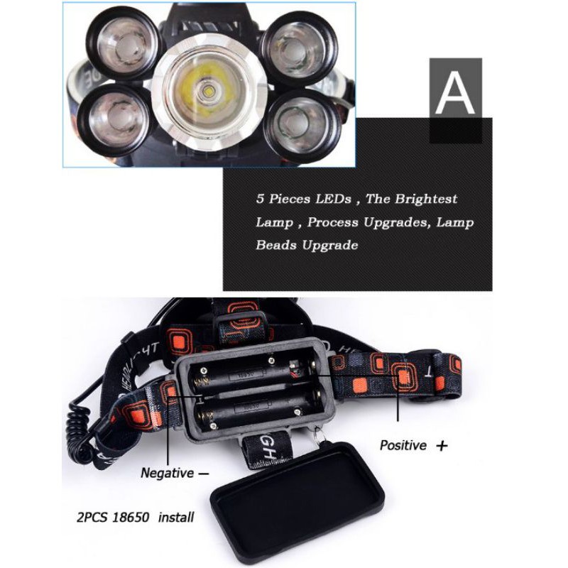 Paket headlamp LED Cree XM-L T6 40.000 Lumens xpe 5 mata - Senter Kepala super terang