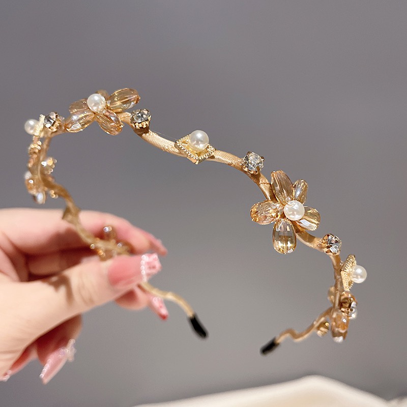 Korea Kristal Bunga Rambut Band Fashion Berlian Imitasi Mutiara Bergelombang Headband Woman Hair Accessories
