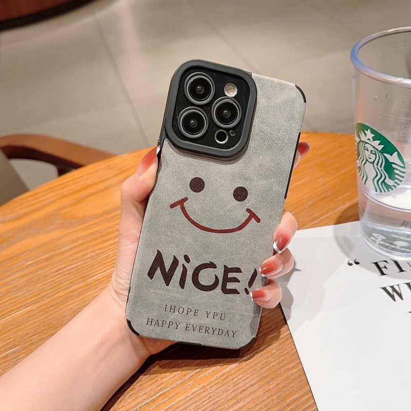 Retro suede Soft Case iP iPhone 7 8 Plus SE 2020 X XR XS Max 11 12 13 14 Pro Max 14 Plus Phone Case Camera Protect Gray Grey Happy Smile Nice