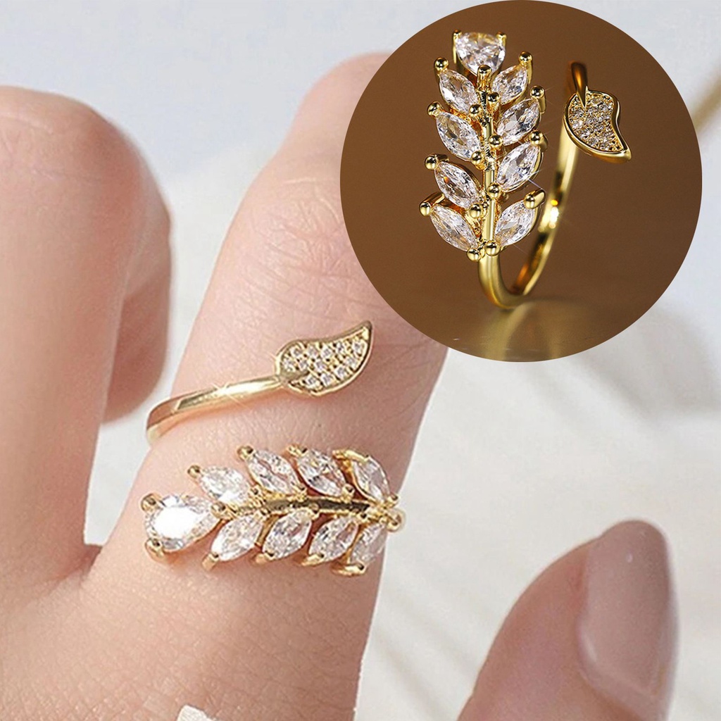 Cincin Daun Halus Untuk Wanita Warna Emas Berpasir Kristal CZ Batu Fashion Pembukaan Yang Dapat Disesuaikan Cincin Pesta Chic Perhiasan Cewek