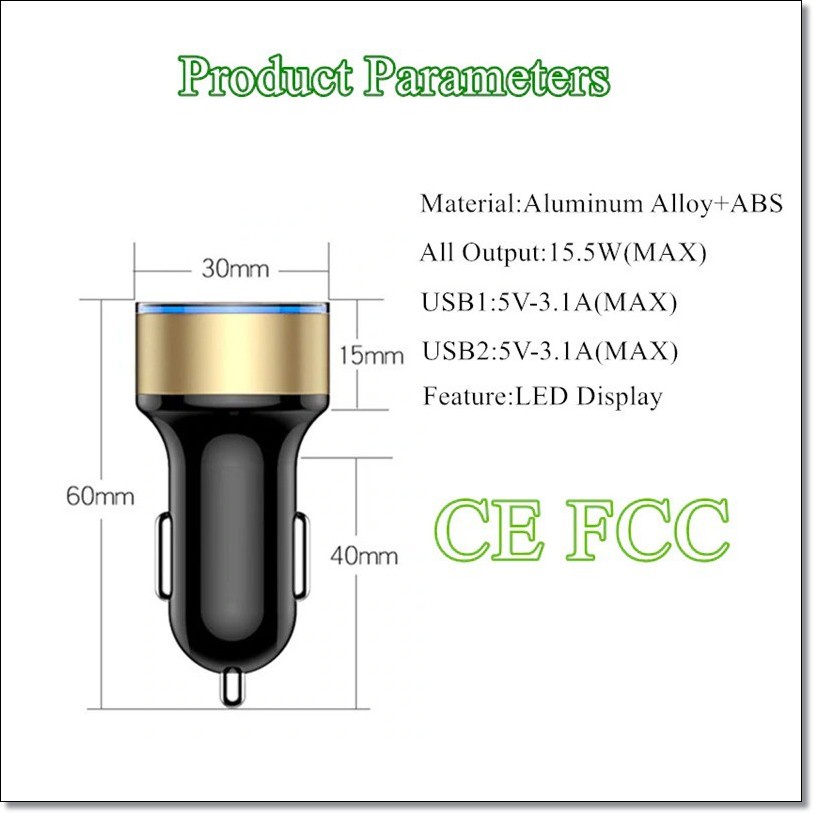 TERMURAH MEDAN Hanaiso Charger Mobil 5v 3.1a Quick Charge Fast Charging Qualcomm 2 Dua Port Usb Layar Led Indikator Voltmeter Lighter Adaptor Car Charger Turbo Charge