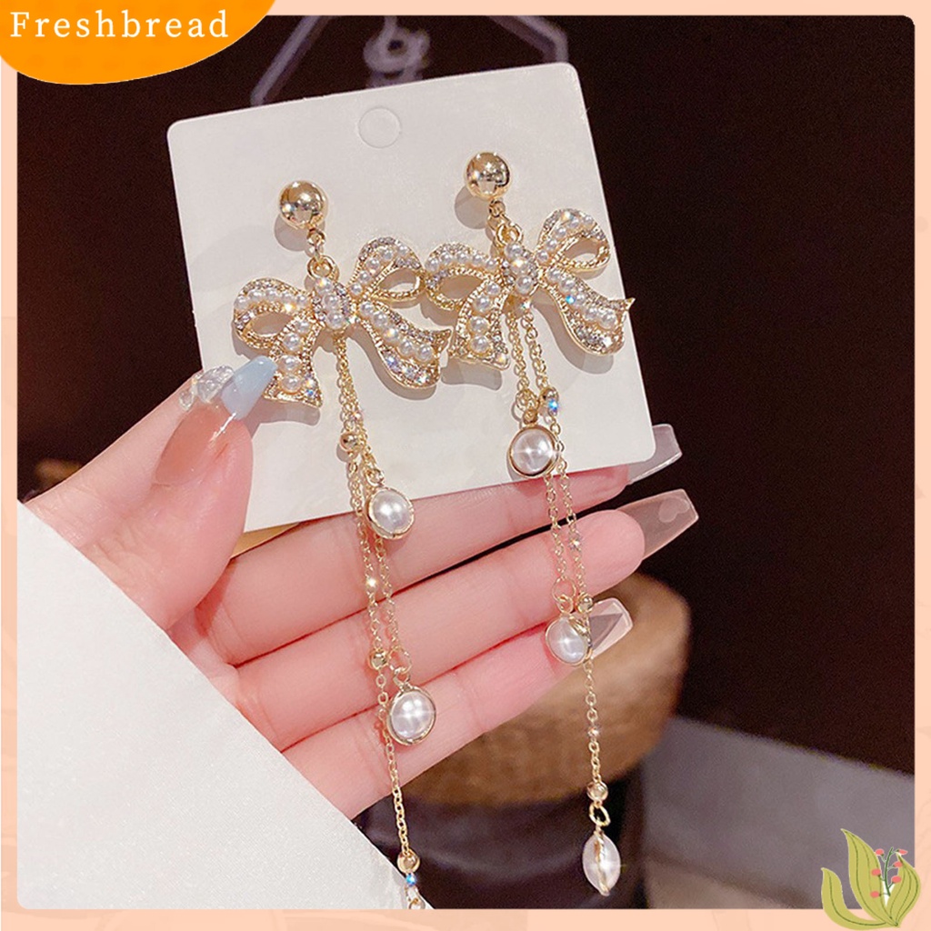 {In Stock} 1pasang Ikatan Simpul Bentuk Berlian Imitasi Bersinar Lady Earrings Hati Mutiara Imitasi Rumbai Menjuntai Earrings Perhiasan Aksesori