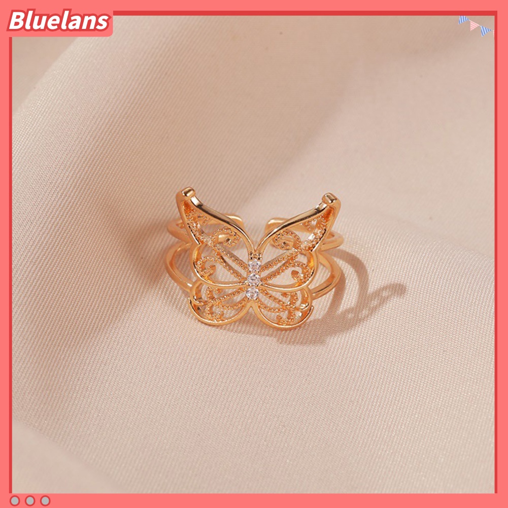 {In Stock} Fashion Wanita Berongga Kupu-Kupu Berlian Imitasi Pembukaan Lebar Jari Cincin Perhiasan Pesta