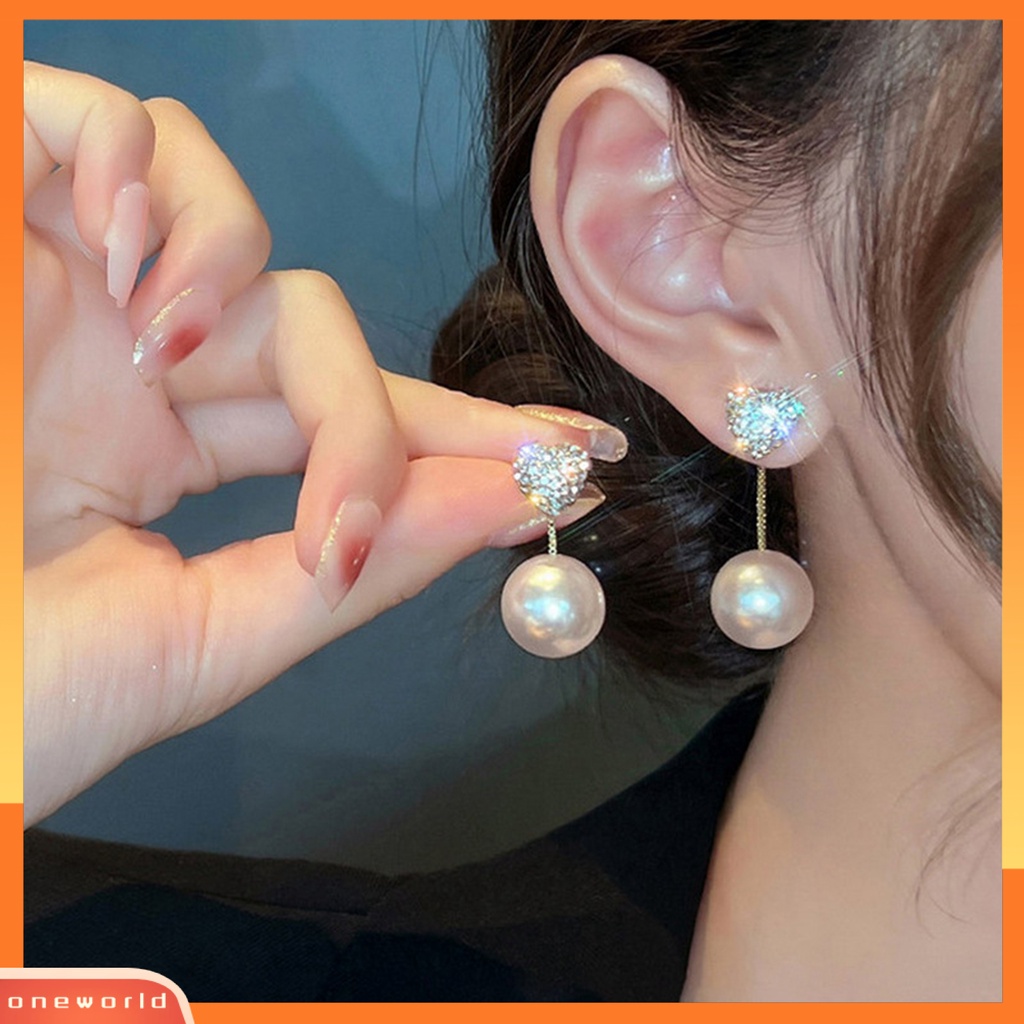 [OWR] 1pasang Ladies Earrings Berlian Imitasi Hias Cahaya Mewah Semua Pertandingan Kokoh Kompak Berdandan Paduan Faux Peal Jantung Stud Earrings Hadiah