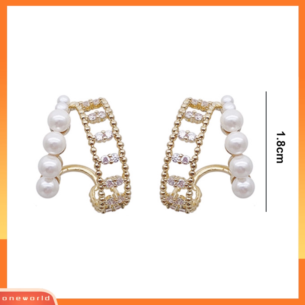 [OWR] 1pasang Anting Pejantan Electroplating Mutiara Imitasi Cubic Zirconia Temperamen Hias Dekorasi Niche Sparkling Split Hoop Earrings Perhiasan Aksesori