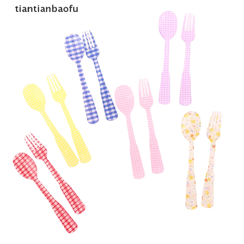 [tiantianbaofu] 2pcs/set Gaya Perancis Retro Kotak-Kotak Dessert Spoon Fork Sendok Pencampuran Plastik Butik