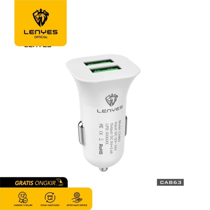 Lenyes CA863 Charger Mobil Fast Charging Original 2 Port USB 5V 2.4A car lighter charging kepala charger saja tanpa kabel