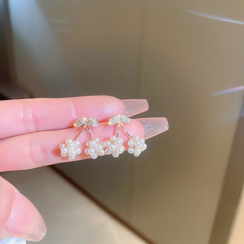 Berlian Imitasi Mutiara Cherry Manis Niche Desain ins Gaya Anting Temperamen Modis