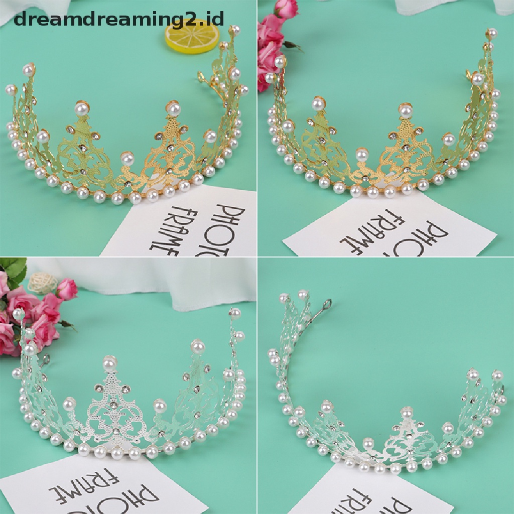 (hot) Shining Crown Cake Topper Metal Pearl Dekorasi Kue Pesta Pertunangan Pernikahan  //